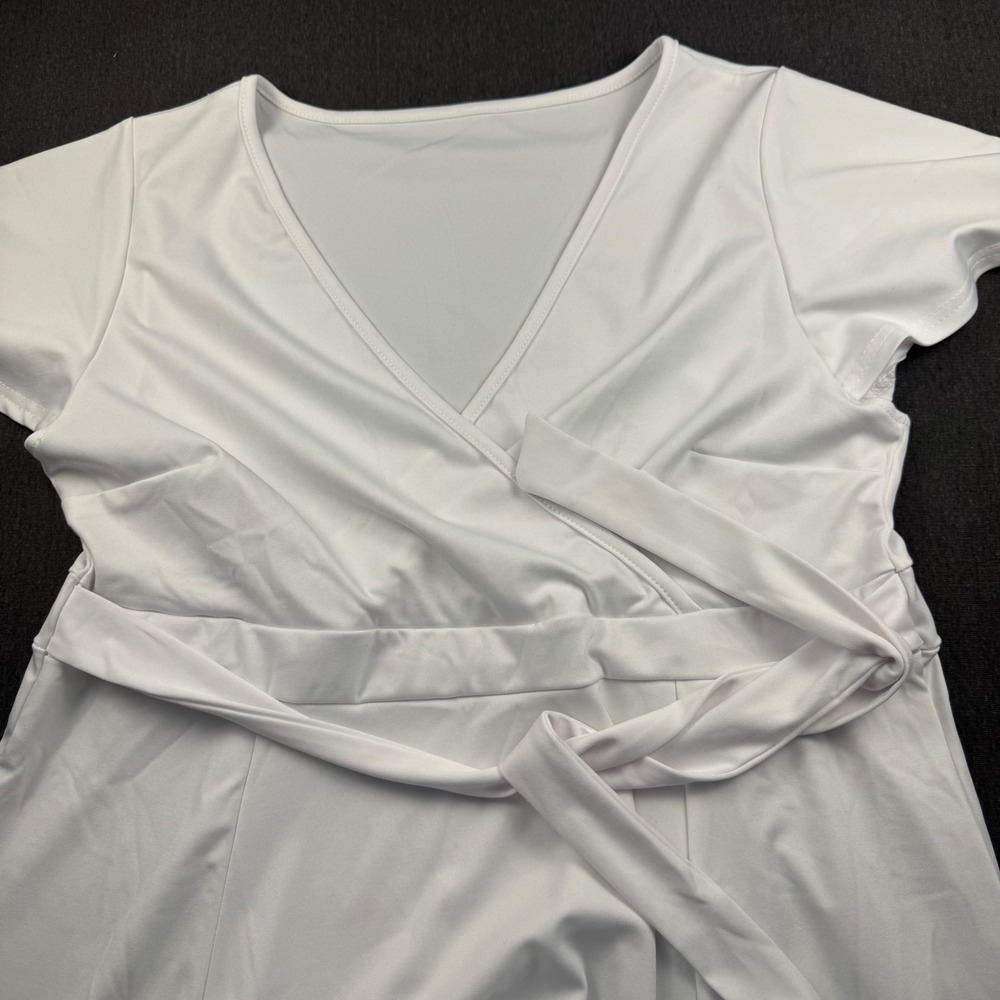 White Faux Wrap Midi Dress Short Sleeves‎ Tie Waist Flattering Fit